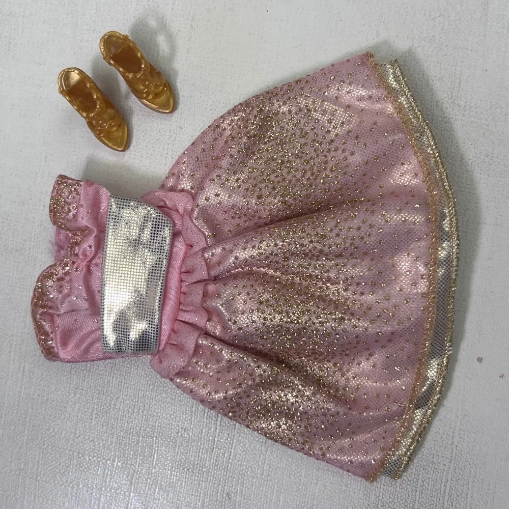 Barbie Pink Glitter Party Dress and Gold Strappy Wedge Shoes Doll Outfit Set